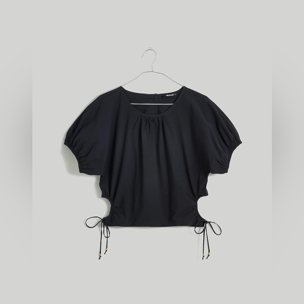 Madewell Embroidered Poplin Puff-Sleeve Cutout Crop Top in True Black - Picture 5 of 11